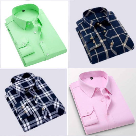Combo of 4 Stylish Premium Checked & Plain Cotton Casual Shirts,Full Sleeve