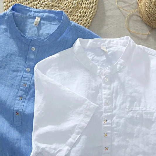 New Linen T-shirt for Men Short-sleeved Loose Stand-up Collar Cotton (Pack of 2)
